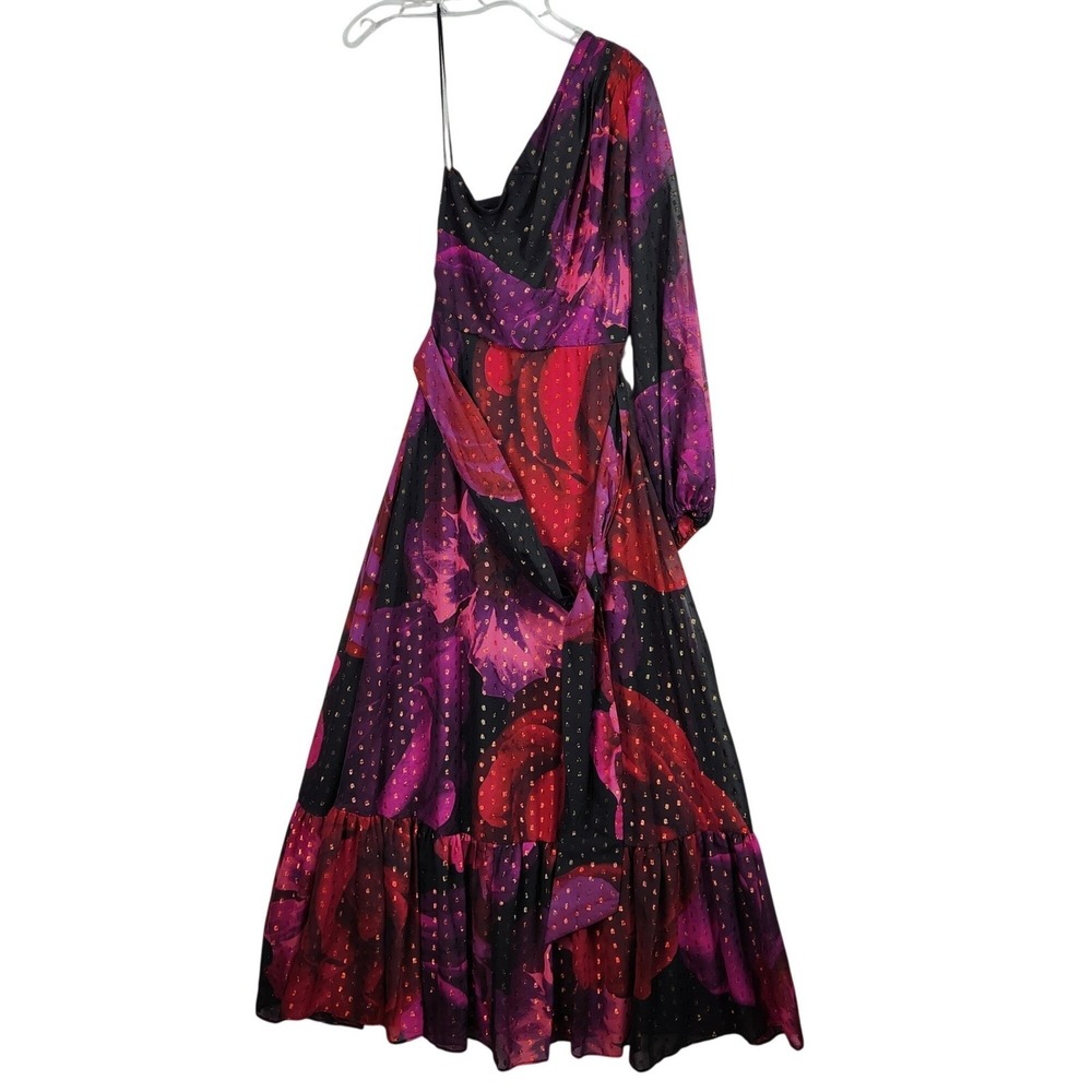 Taylor One Shoulder Floral Maxi Dress Womens 2 Black Pink Metallic Clip Dot - Picture 2 of 10